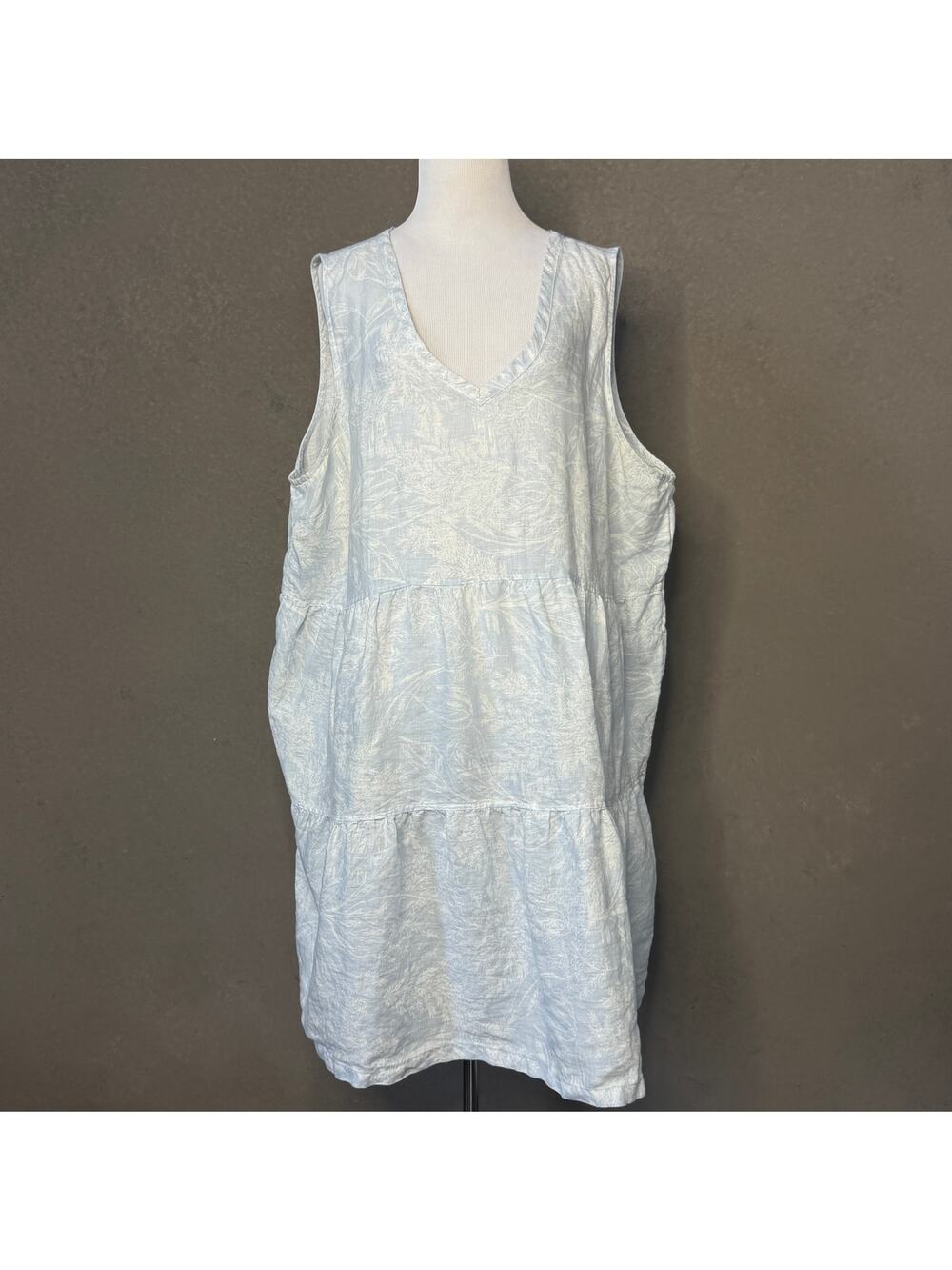 Tahari 100% Linen Blue White Tiered V-Neck Sleeveless Dress Plus 2X